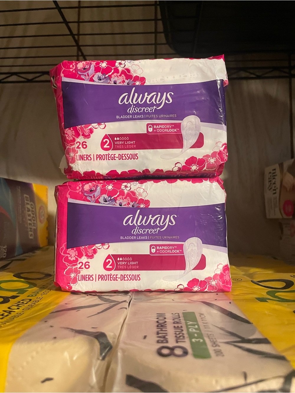 Always Discreet packages on shelf